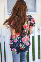 Load image into Gallery viewer, Diva Dreams Black Multicolor Floral Crochet Flutter Sleeve Top
