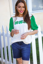 Load image into Gallery viewer, Lucky Sequin Clover Oatmeal Cable Knit Puff Sleeve Top
