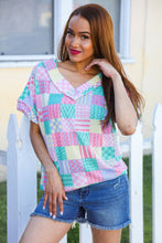 Load image into Gallery viewer, Easy Living Mint Patchwork Print Textured Knit V Neck Top
