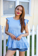 Load image into Gallery viewer, Blue Pointelle Babydoll Ruffle Flutter Sleeve Top
