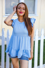 Load image into Gallery viewer, Blue Pointelle Babydoll Ruffle Flutter Sleeve Top
