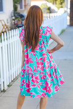 Load image into Gallery viewer, Diva Dreaming Aqua Floral Print Tiered Ruffle Sleeve Dress
