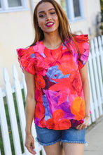 Load image into Gallery viewer, Look of Love Red &amp; Fuchsia Floral Smocked Ruffle Frill Sleeve Top
