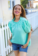 Load image into Gallery viewer, Follow Me Mint Frill Mock Neck Woven Top
