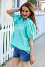Load image into Gallery viewer, Follow Me Mint Frill Mock Neck Woven Top
