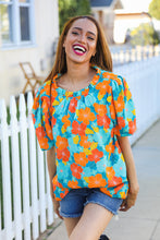 Load image into Gallery viewer, Vacay Ready Blue &amp; Orange Floral Frill Mock Neck Top
