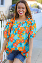 Load image into Gallery viewer, Vacay Ready Blue &amp; Orange Floral Frill Mock Neck Top

