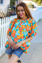 Load image into Gallery viewer, Vacay Ready Blue &amp; Orange Floral Frill Mock Neck Top
