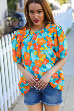 Load image into Gallery viewer, Vacay Ready Blue &amp; Orange Floral Frill Mock Neck Top
