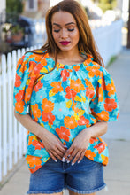Load image into Gallery viewer, Vacay Ready Blue &amp; Orange Floral Frill Mock Neck Top
