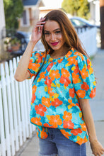 Load image into Gallery viewer, Vacay Ready Blue &amp; Orange Floral Frill Mock Neck Top
