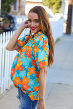 Load image into Gallery viewer, Vacay Ready Blue &amp; Orange Floral Frill Mock Neck Top
