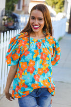 Load image into Gallery viewer, Vacay Ready Blue &amp; Orange Floral Frill Mock Neck Top
