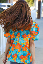 Load image into Gallery viewer, Vacay Ready Blue &amp; Orange Floral Frill Mock Neck Top
