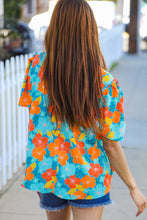 Load image into Gallery viewer, Vacay Ready Blue &amp; Orange Floral Frill Mock Neck Top
