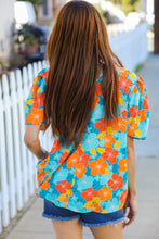 Load image into Gallery viewer, Vacay Ready Blue &amp; Orange Floral Frill Mock Neck Top
