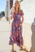 Load image into Gallery viewer, Find Love Blue Floral Raglan Puff Sleeves V Neck Smocked Waist Maxi
