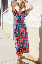 Load image into Gallery viewer, Find Love Blue Floral Raglan Puff Sleeves V Neck Smocked Waist Maxi
