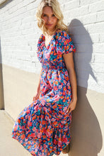Load image into Gallery viewer, Find Love Blue Floral Raglan Puff Sleeves V Neck Smocked Waist Maxi
