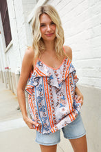 Load image into Gallery viewer, Sunny Days Coral Ruffle V Neck Floral Print Sleeveless Top
