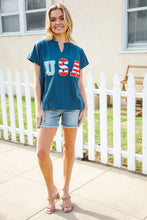 Load image into Gallery viewer, Patriotic Denim Blue French Terry Plaid Star Patch Top
