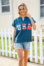 Load image into Gallery viewer, Patriotic Denim Blue French Terry Plaid Star Patch Top
