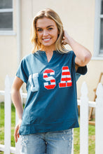 Load image into Gallery viewer, Patriotic Denim Blue French Terry Plaid Star Patch Top
