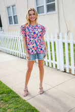 Load image into Gallery viewer, Vacay Ready Blue &amp; Fuchsia Floral Smocked Ruffle Sleeve Top
