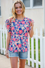 Load image into Gallery viewer, Vacay Ready Blue &amp; Fuchsia Floral Smocked Ruffle Sleeve Top
