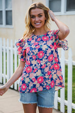 Load image into Gallery viewer, Vacay Ready Blue &amp; Fuchsia Floral Smocked Ruffle Sleeve Top
