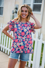 Load image into Gallery viewer, Vacay Ready Blue &amp; Fuchsia Floral Smocked Ruffle Sleeve Top
