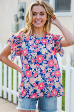 Load image into Gallery viewer, Vacay Ready Blue &amp; Fuchsia Floral Smocked Ruffle Sleeve Top
