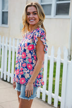 Load image into Gallery viewer, Vacay Ready Blue &amp; Fuchsia Floral Smocked Ruffle Sleeve Top
