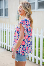 Load image into Gallery viewer, Vacay Ready Blue &amp; Fuchsia Floral Smocked Ruffle Sleeve Top

