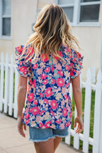 Load image into Gallery viewer, Vacay Ready Blue &amp; Fuchsia Floral Smocked Ruffle Sleeve Top
