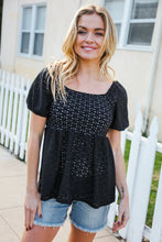 Load image into Gallery viewer, Spring Vibes Midnight Eyelet Puff Sleeve Babydoll Top
