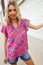 Load image into Gallery viewer, You Got This Fuchsia Abstract Print Notch Frill Neck Blouse
