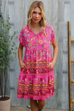 Load image into Gallery viewer, Boho Love Fuchsia Floral Print V Neck Dolman Sleeve Dress
