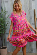 Load image into Gallery viewer, Boho Love Fuchsia Floral Print V Neck Dolman Sleeve Dress
