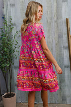 Load image into Gallery viewer, Boho Love Fuchsia Floral Print V Neck Dolman Sleeve Dress

