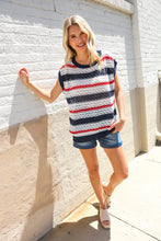 Load image into Gallery viewer, Feeling Festive Red White &amp; Blue Striped Crochet Sweater Top
