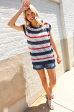 Load image into Gallery viewer, Feeling Festive Red White &amp; Blue Striped Crochet Sweater Top
