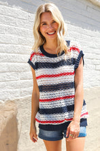 Load image into Gallery viewer, Feeling Festive Red White &amp; Blue Striped Crochet Sweater Top
