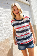 Load image into Gallery viewer, Feeling Festive Red White &amp; Blue Striped Crochet Sweater Top
