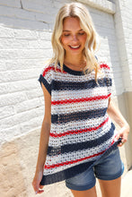 Load image into Gallery viewer, Feeling Festive Red White &amp; Blue Striped Crochet Sweater Top
