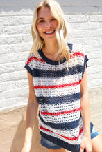 Load image into Gallery viewer, Feeling Festive Red White &amp; Blue Striped Crochet Sweater Top
