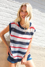 Load image into Gallery viewer, Feeling Festive Red White &amp; Blue Striped Crochet Sweater Top
