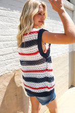Load image into Gallery viewer, Feeling Festive Red White &amp; Blue Striped Crochet Sweater Top
