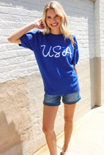 Load image into Gallery viewer, Patriotic USA Blue Knit Embroidery Puff Sleeve Sweater Top
