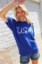 Load image into Gallery viewer, Patriotic USA Blue Knit Embroidery Puff Sleeve Sweater Top
